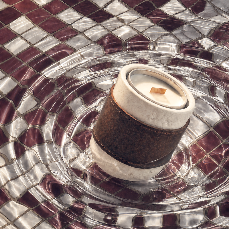 Close-up of a candle on a reflective surface with a checkered pattern